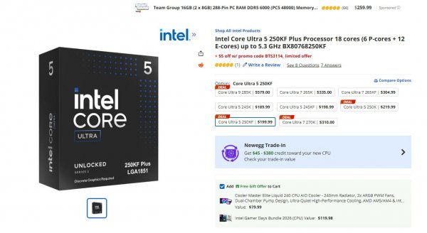 [newegg] Intel Core Ultra 5 250K Plus + Cooler Master Elite Liquid 240 + 게임 2종 ($289.99/무료)